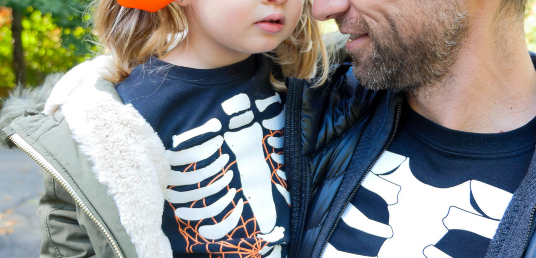 Kyle Martino and Marlowe Martino dressed up as skeletons on halloween
