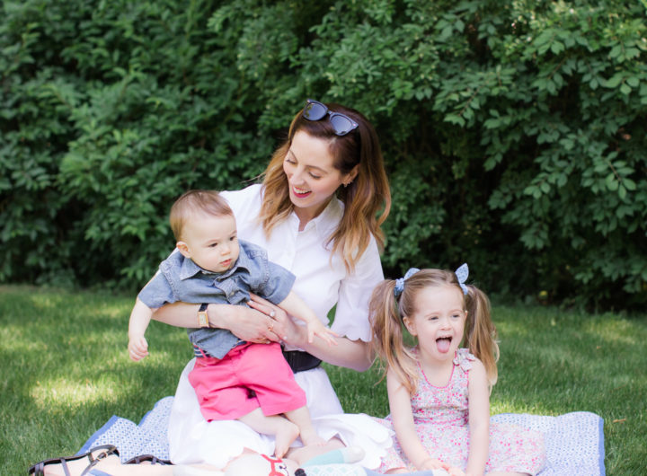 Brenda Mierish Martino of lifestyle and motherhood blog Happily Brenda After relaxes on a picnic blanket with her two children Marlowe and Major