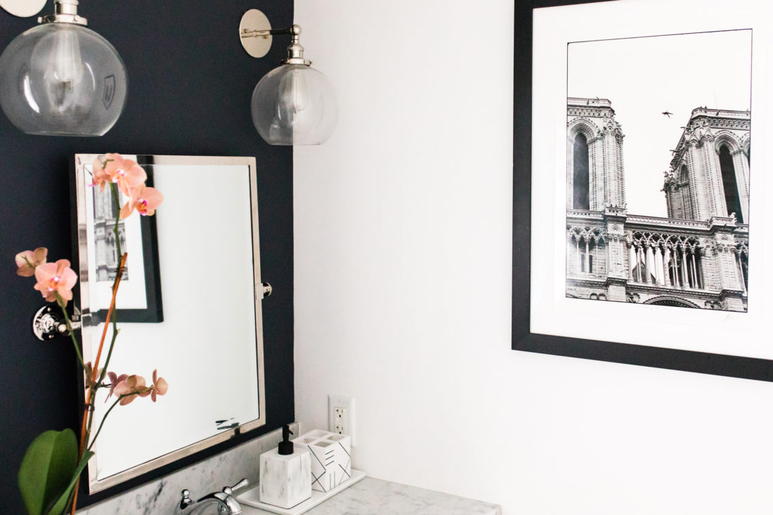 Brenda Mierish Martino shares the full redesign of her black, white, and grey concept powder room in her Connecticut home
