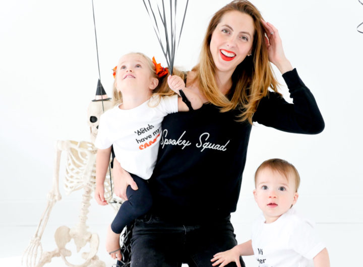 Brenda Mierish Martino and children Marlowe and Major wears Halloween themed shirts from The Happily App to prepare for Halloween