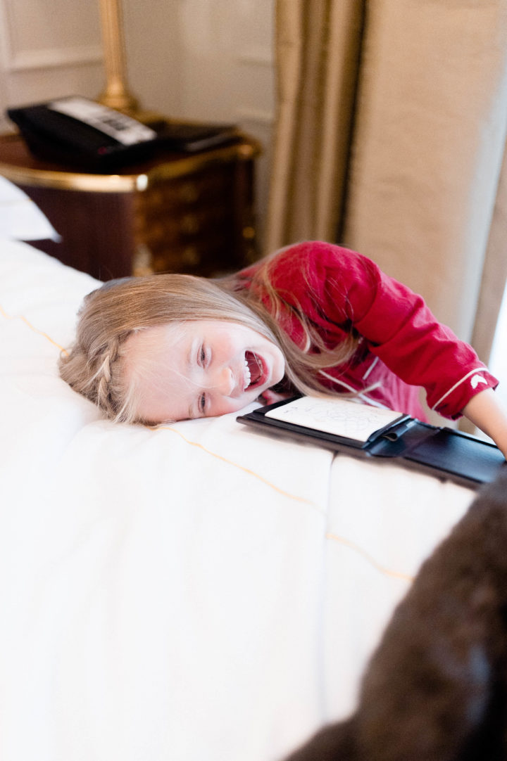 Brenda Mierish Martino's daughter Marlowe laughs after ordering roomservice at the Plaza Hotel