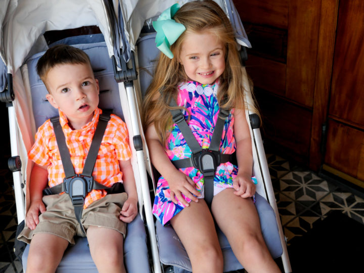 Brenda Mierish Martino's kids Marlowe and Major sit in a stroller in Charleston